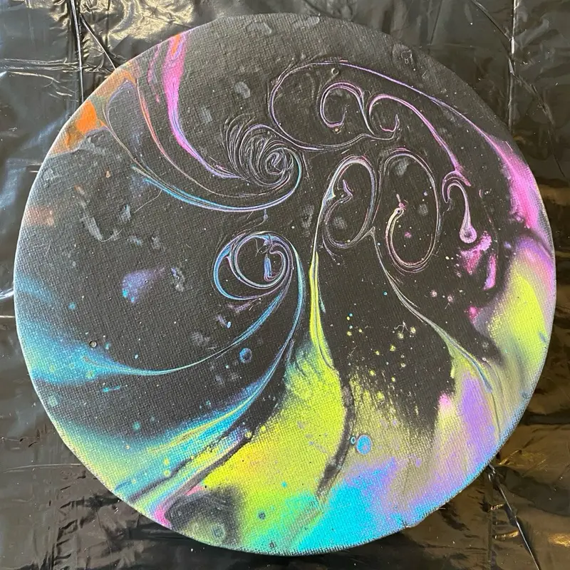 8” Original Neon Pour on Black One of One Poured Live Artwork with Vibrant Colors and Unique Design Paint Pouring