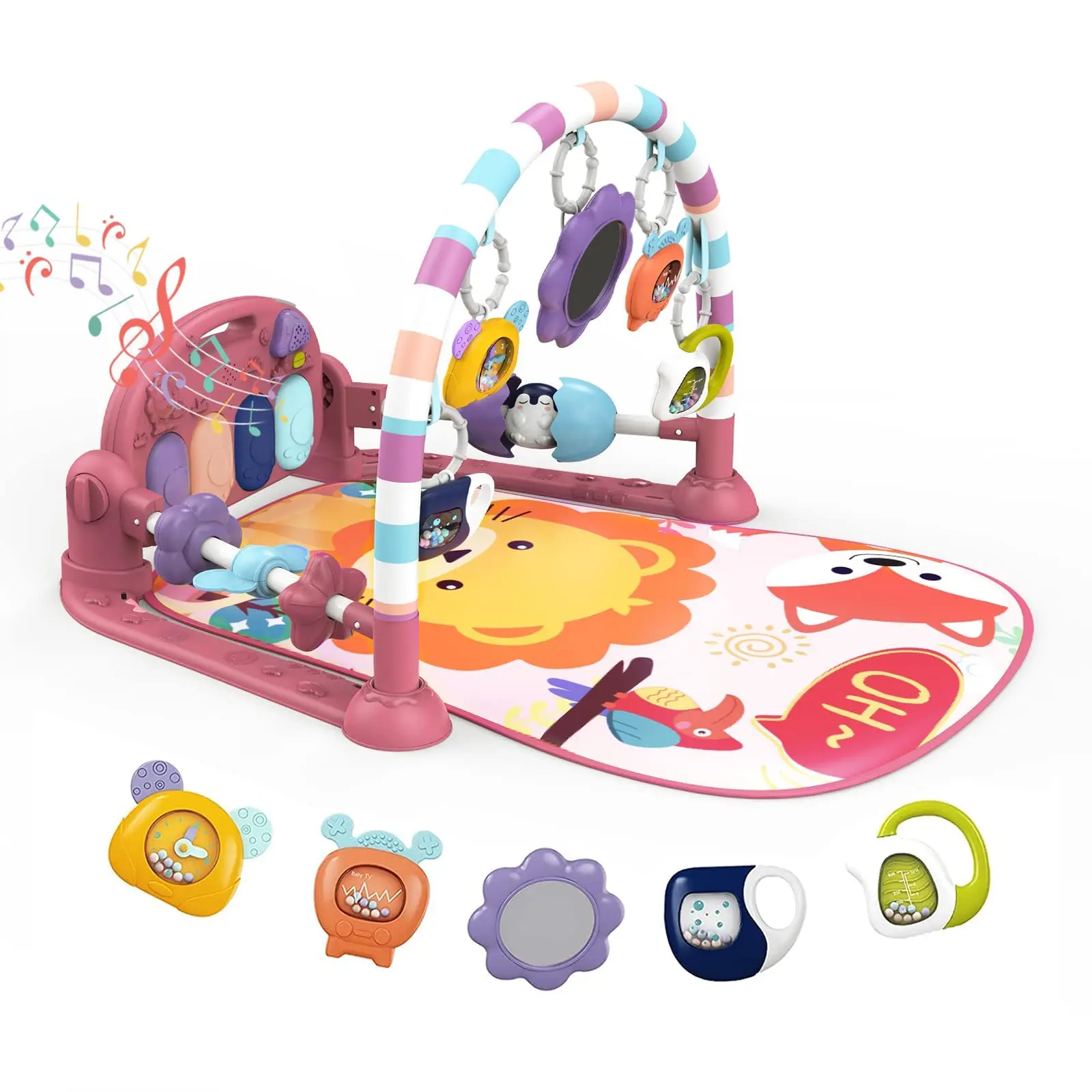 dearlomum Baby Play Mat Baby Gym Pink with 5 Sensory Toys Music Lights for Newborn Boys Girls Tummy Time Activity Mat, Play Mat For Babies, Floor Play Mat