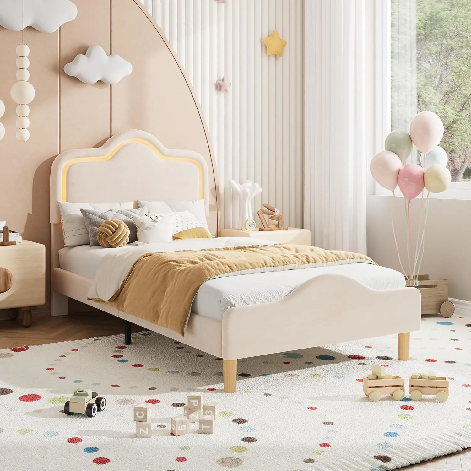 GAOMON Twin Size Velvet Upholstered LED Light Bed Frame with Adjustable Headboard, Footboard, Sturdy Wooden Slats Support, Silent Design, Secure Structure, Color Changing Feature, No Box Spring Needed, Easy Assembly, Beige Princess Bed for Girls