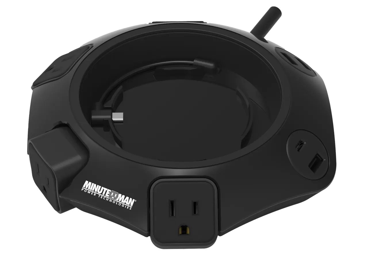 Minuteman MMS-POD4U4 Outlets Surge Suppressor/Protector - Right Angle - 4 x AC Power, 1 x USB Type C, 3 x USB Type A - 1080 J - 120 V AC Input - Telephone, Fax/Modem - 6 ft - Desk Mount