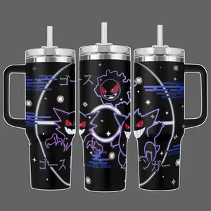 Stainless Steel Insulated Travel Tumbler With Handle 20oz 40oz – pocket monster Anime Neon Ghost Wrap Design Straw Lid Mug