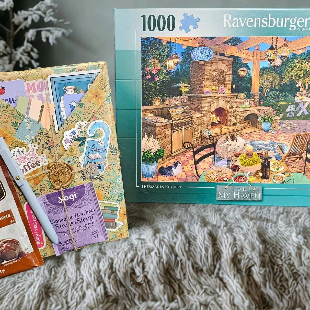 Puzzle & Book Box - Includes New Book, New Premium Puzzle, Bookmark, Book Tracker, Magnetic Bookmark, Annotation Tabs, Pen, Sticker Pack, Affirmation Card, Hot Cocoa, Relaxing Tea, and surprise bookish items!