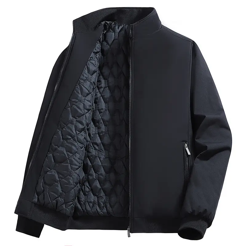 Men’s stand collar cotton jacket for autumn/winter, quilted diamond stitching, thickened warm outerwear; suitable for young and middle-aged professionals and casual wear; windproof, loose fit, solid color men’s cotton coat.