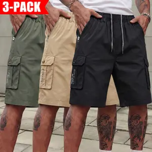 3-pack men’s athletic shorts with pockets and drawstring; lightweight quick-dry cotton shorts; casual fitness cargo shorts for men with pockets; elastic waistband shorts with drawstring.