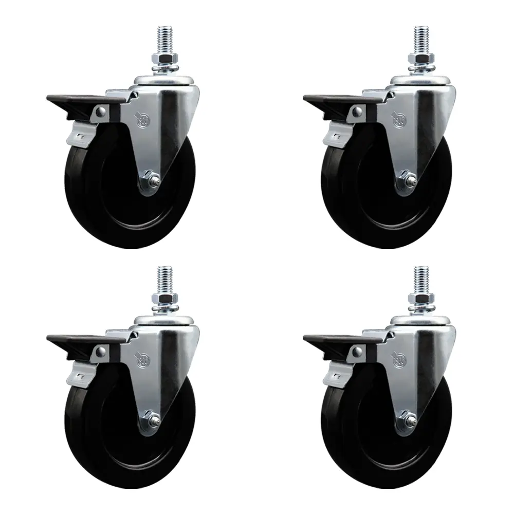 Service Caster SCC-TS20S514-HRS-PLB-121315-4 Swivel Threaded Casters Set of 4 with Posi Lock Brakes, Black Hard Rubber Lockable Wheels, 5x1.25 in. Size, 0.5 in. Stems, 1200 lbs Higher Load Capacity for Equipment