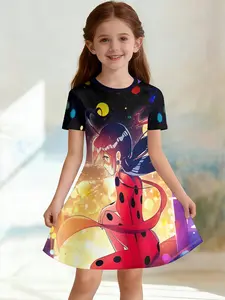 Girls' 3D Short Sleeve Dress, Miraculous Girl Ladybug Full Print, Perfect for Parties, Festive Gifts, Birthday Presents