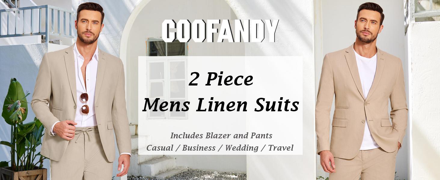 COOFANDY Men's 2 Piece Linen Suits Set Regular Fit Casual Lightweight Blazer Jacket and Pants
