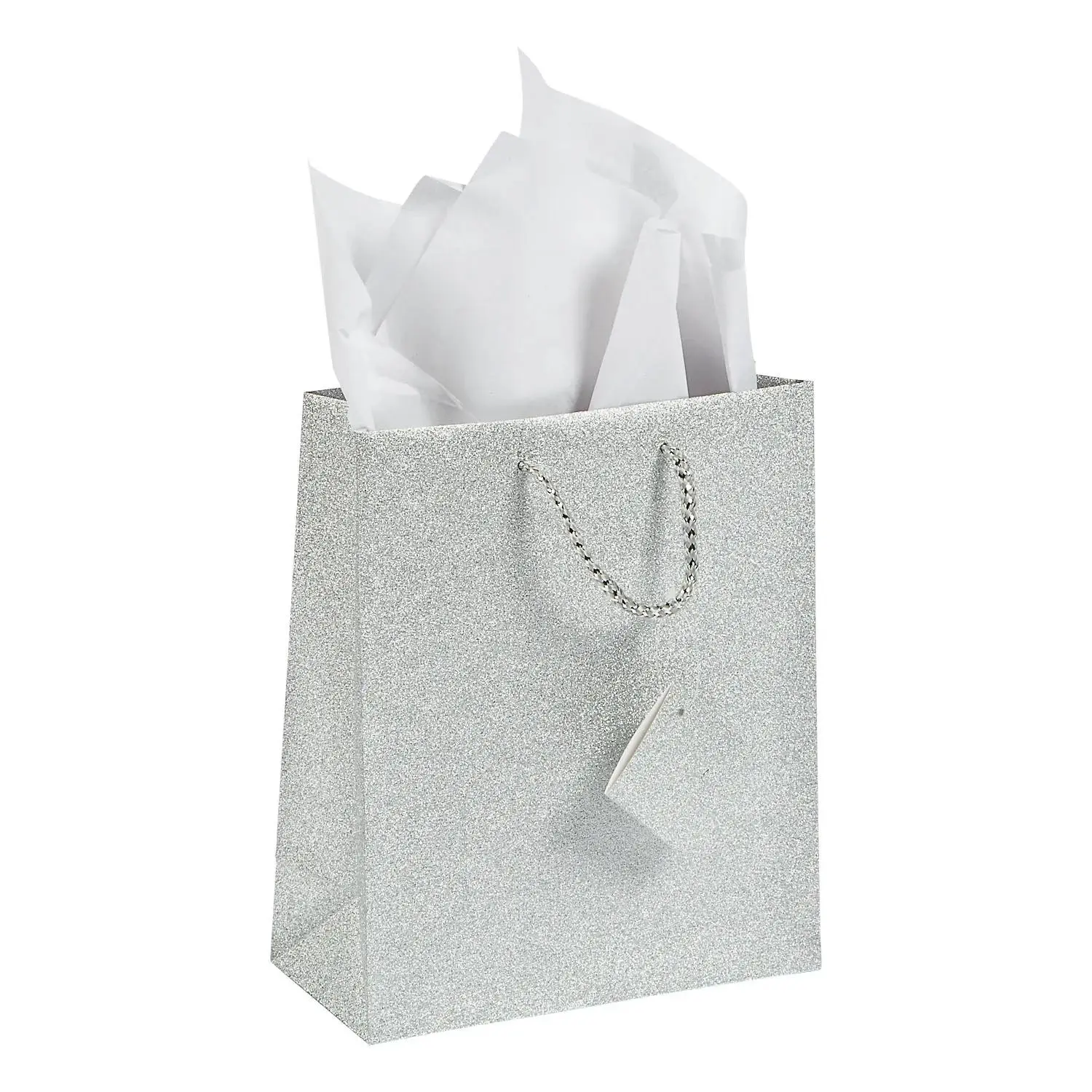 7 1/2" x 3 1/2" x 9" Medium Silver Glitter Gift Bags with Tags - 12 Pc.