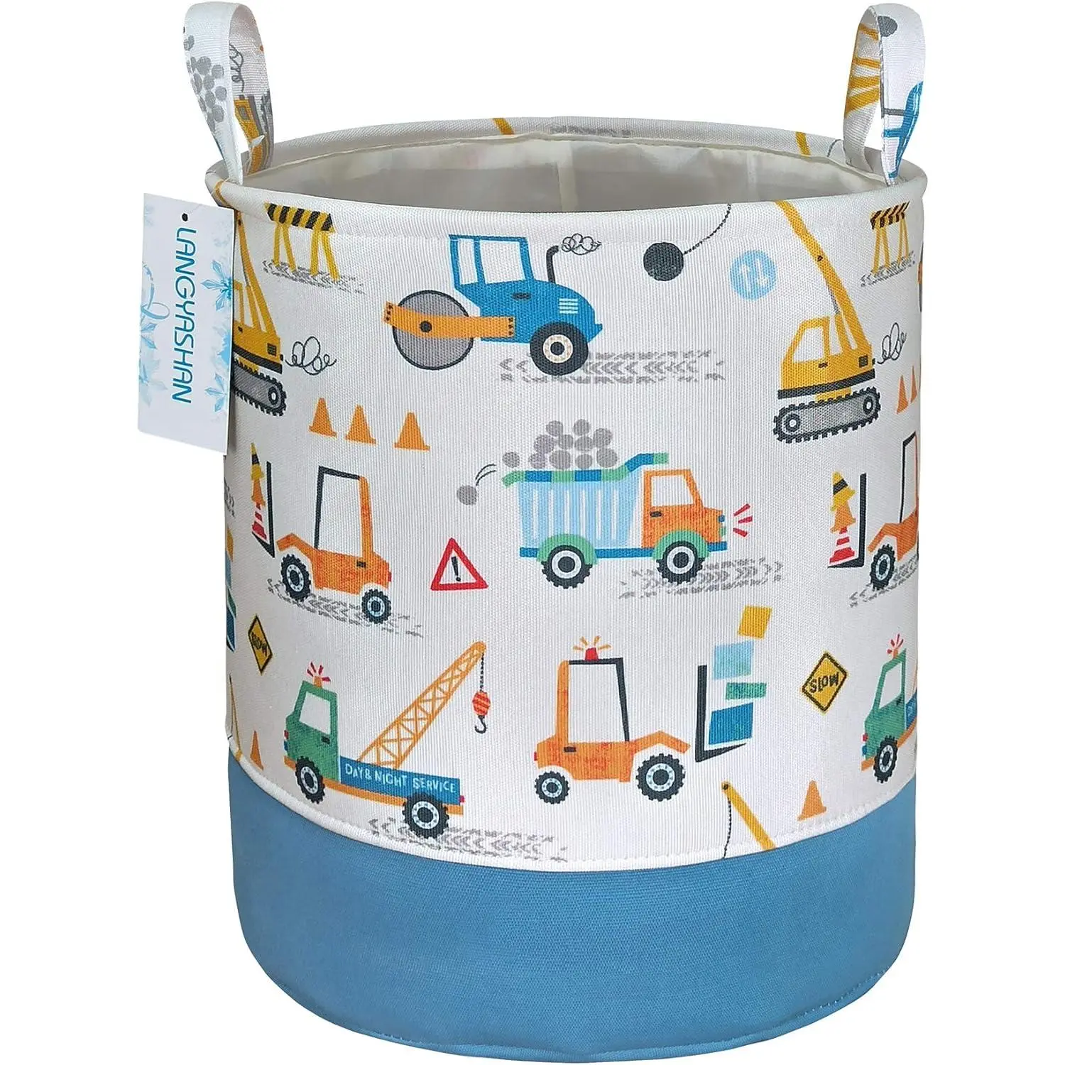 Round Thick Laundry Basket Collapsible Organizer Boys Engineering Car | Canvas Foldable Storage Hamper Sturdy Rope Handles for Household Gift Baskets Bedroom Clothes Toys Children Nursery LANGYASHAN
