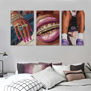 3-Piece Framed African American Style Poster Wall Art Pink Fashion Black Girl Canvas Print Purple Abstract Fun Pattern Personalized Hanging Painting Living Room Bedroom High-End Atmosphere Wall Decoration New Gift Ornaments