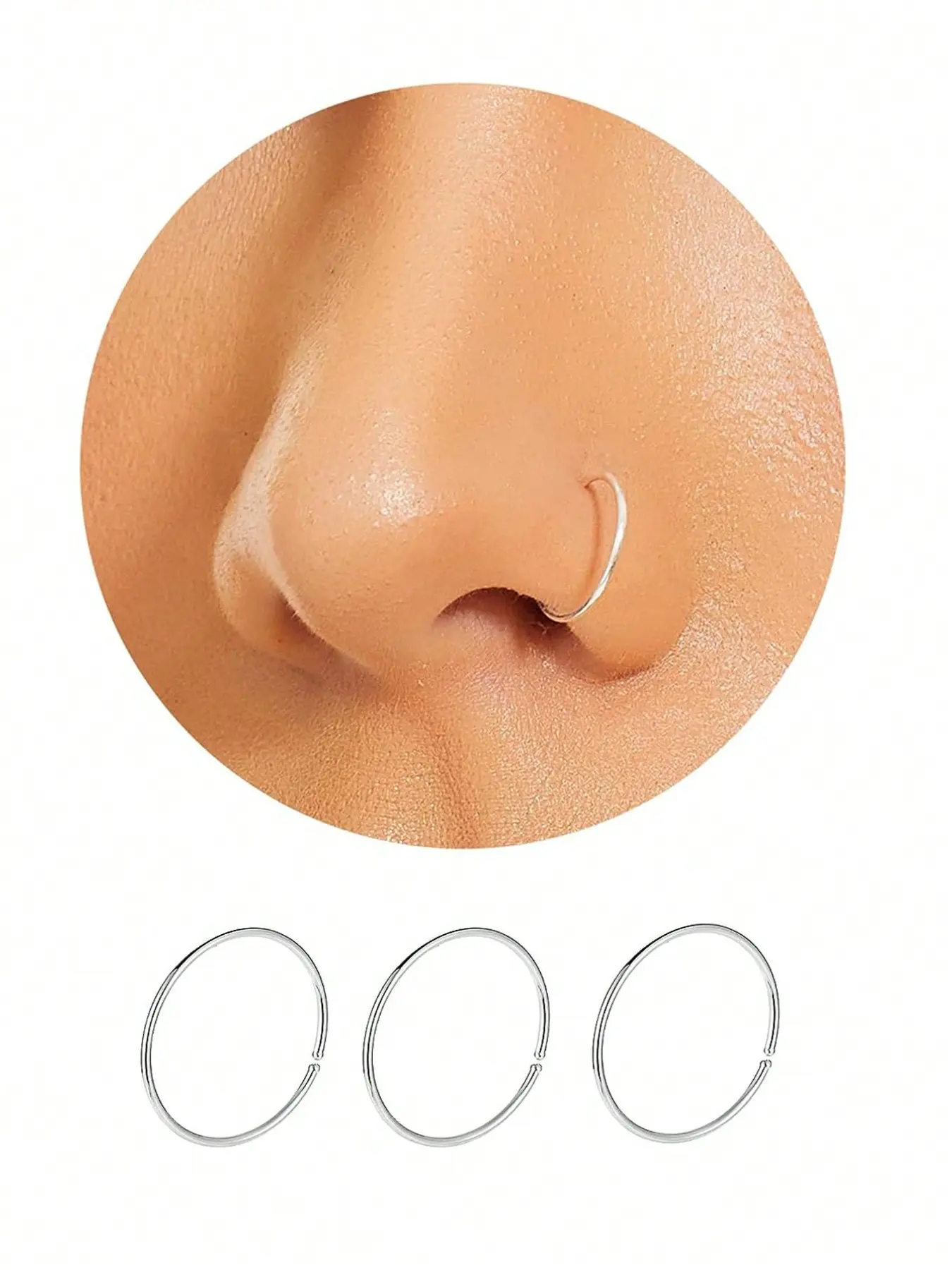 3pcs Silver Color Nose Rings Hoops for Women Men, 22 Gauge 8mm Tiny Septum Cartilage Helix Tragus Earrings, Geometric Style Piercing Jewelry, Body Piercing Jewelry, Helix Pierced Ring