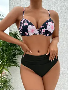 New Hard Cup Bikini Women's Swimsuit Steel Push-Up Fashion Beach Holiday, Stylish Swimwear for Summer Vacation Floral Bikini