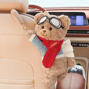 Creative Car Paper Towel Holder, Cute Cardboard Hanging Tissue Box, High-End Car Interior Decoration, Car Accessories for Vehicles, Scarf Glasses Bear