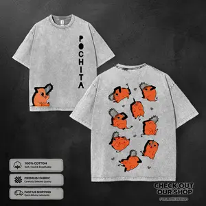 Cute Pochita Chainsaw Man Washed Tee, Vintage Subtle Manga Graphic T-shirt, Unisex Cotton Cute Shirts, Loose-Fit men's t shirts, Gift for Anime Fan Merch summer outfits