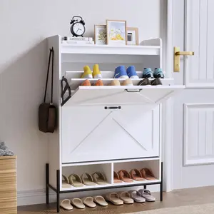 Stylish and Practical Shoe Cabinet with Two Flip-Up Drawers, Adjustable Support Stand, and Open Shelving. Perfect for Entryways, Hallways, or Bedrooms. Available in White, Natural, and Black Finishes with Metal Legs and Hardware. Furniture Shelves