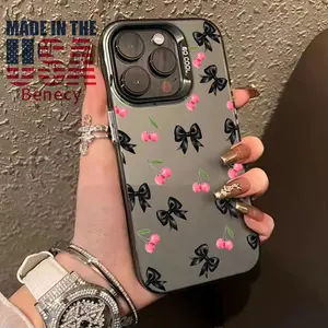 Phone Case for iPhone 15 16 14 Pro Max 13 12 11 XR XS Plus E Pink Cherry Pattern Matte Military-Grade Drop Protection Silicone Cover Cellphone Protective