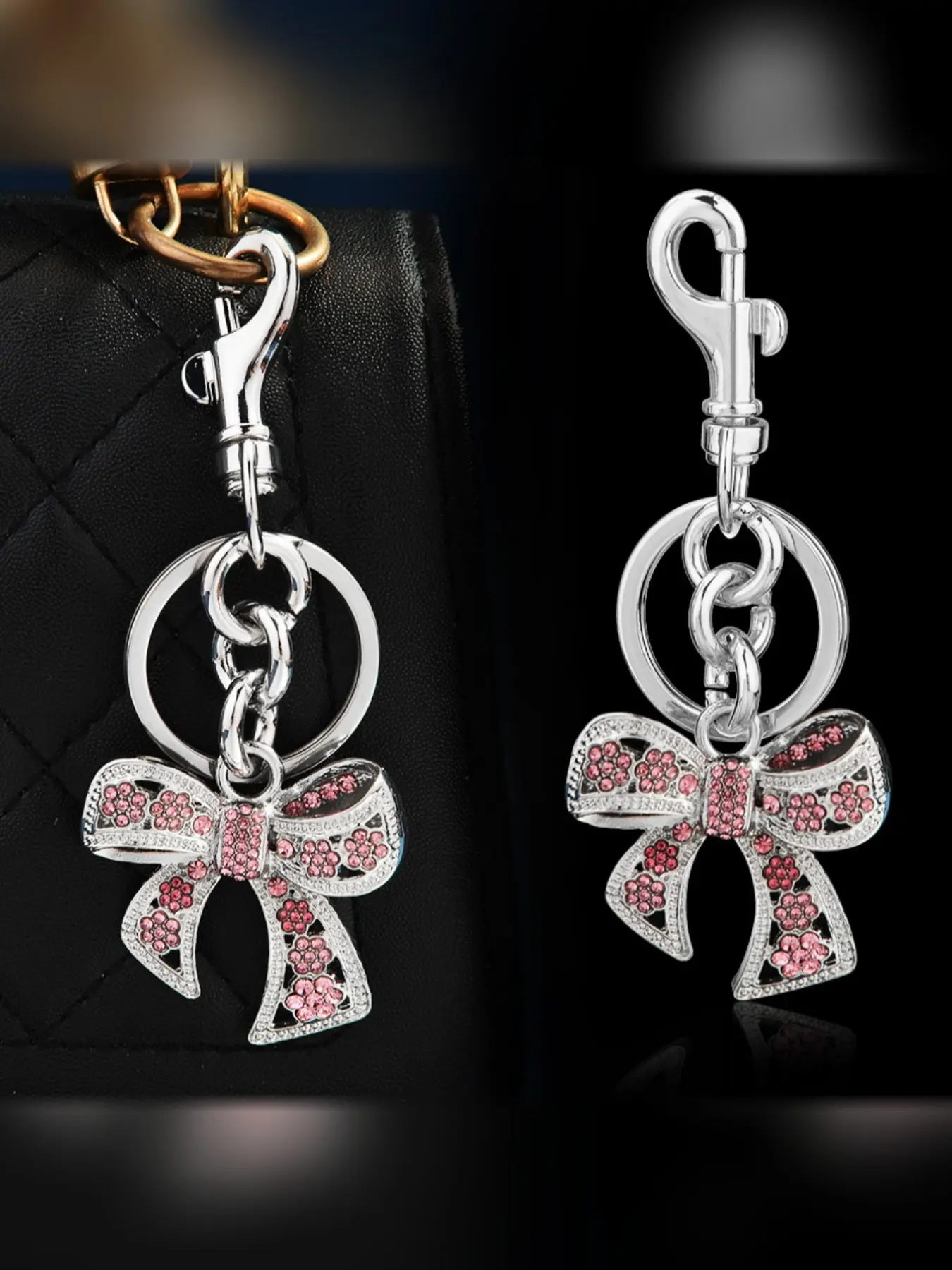 Metal Full Drill Bow Keychain Bag Charm, Fashion Personalized Gift Car Key Holder, Elegant Plain Design, All Seasons Accessory