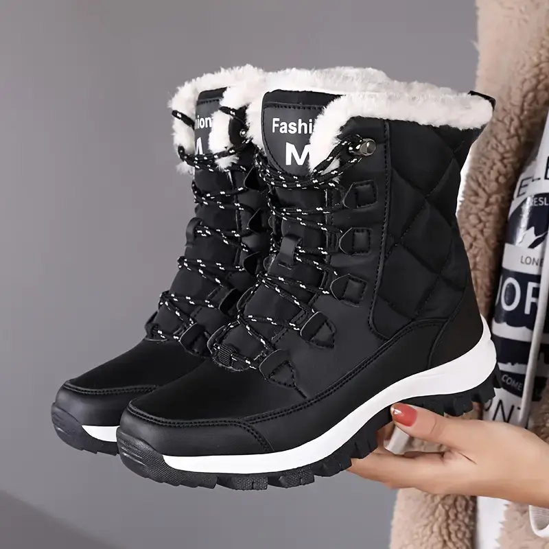 Women's Stylish Mid-Calf Snow Boots - Girl's Water-Resistant Plain Synthetic Cuban Platform Shoes with Warm Fur Lining, Anti-Slip Sole for Winter Walking, Walking Shoes, Fashionable New Style, Fur Lined, Pu Leather, Pu Rubber, Round Toe, Slip Resistant, O