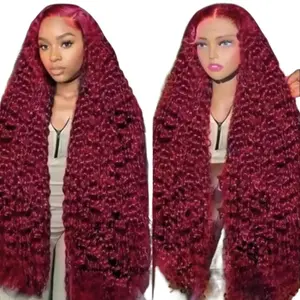 99J Burgundy 13x6 Deep Wave HD Lace Front Wig Human Hair for Women Brazilian Virgin Hair Pre Plucked with Baby Hair Curly Wig