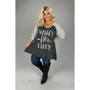 14 GT {Wifey For Lifey} Charcoal Striped Sleeve Graphic Tee CURVY BRAND!!!  EXTENDED PLUS SIZE XL 2X 3X 4X 5X 6X (May Size Down 1 Size)