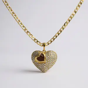 DIDIRAY Jewelry Cuban Link Chain with Openwork Heart Pendant Hypoallergenic 14K Gold Plated High Quality Luxury Finish for Daily Wear