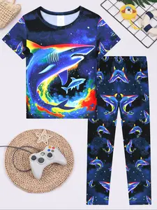 Kids' Round Neck Short Sleeve Long Pants Set, Shark Print Digital Print, Casual Comfortable Home Wear Pajama Sleepwear, All Seasons