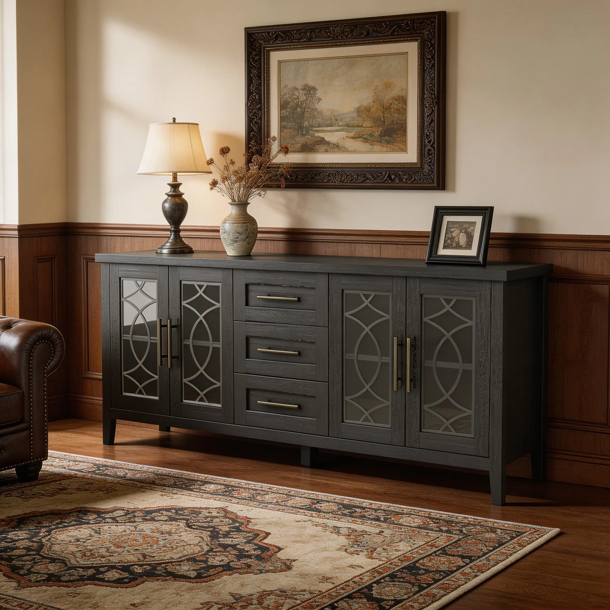 Farmhouse TV Stand for TVs up to 75 Inch, MDF+PB, Entertainment Center with Glass Doors & 3 Drawers, TV Console for Living Room Media Cabinet, 63" L × 16" W × 27"