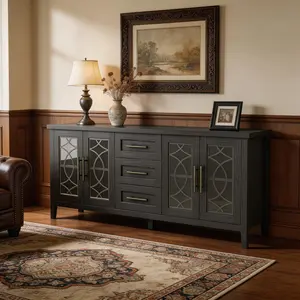Farmhouse TV Stand for TVs up to 75 Inch, MDF+PB, Entertainment Center with Glass Doors & 3 Drawers, TV Console for Living Room Media Cabinet, 63" L × 16" W × 27"