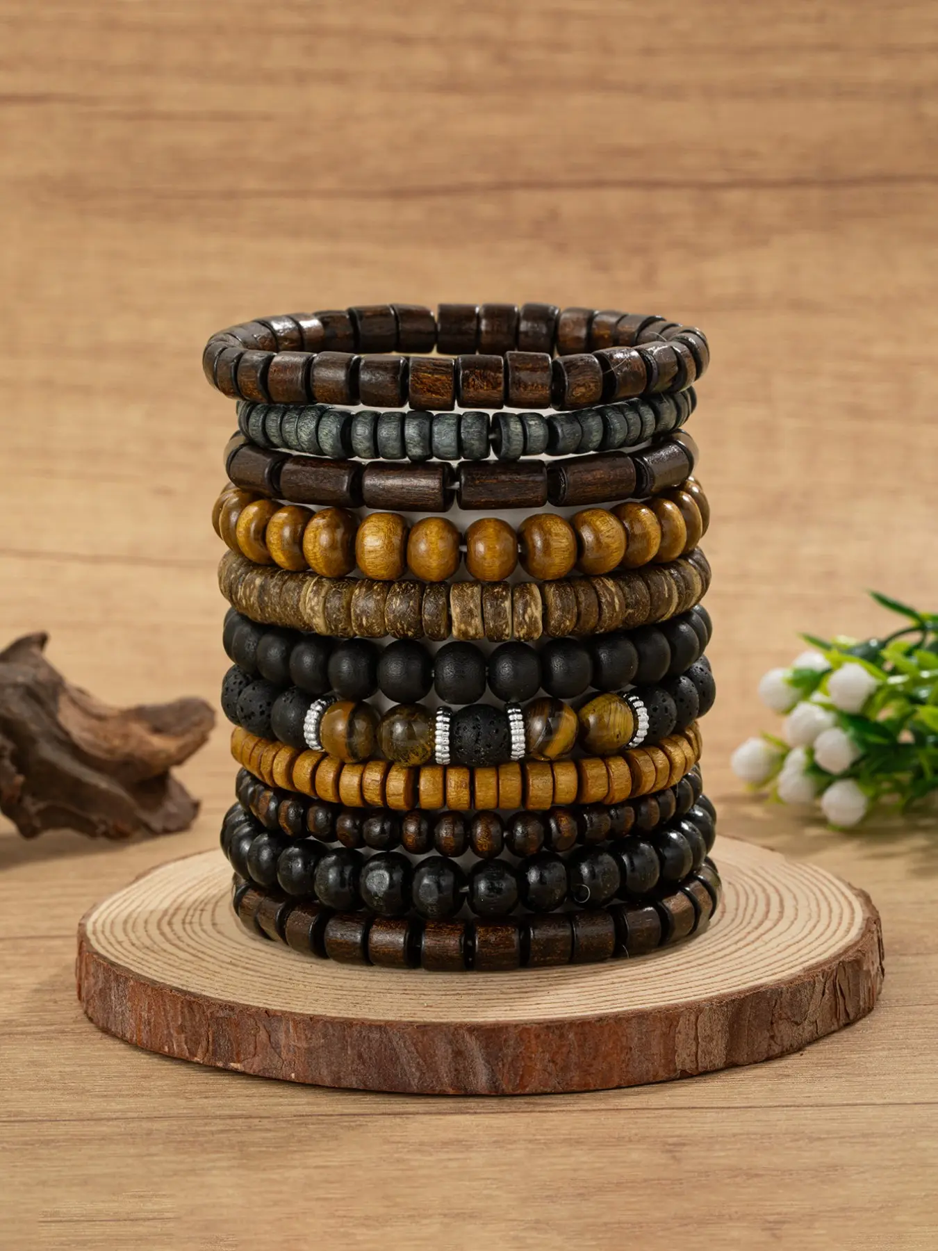 Vintage Natural Wood Bead Bracelet Set, Bohemian Ethnic Style Jewelry, Handmade Wooden Beads, Unique Gift Idea, Elegant Jewelry Bracelet, Beaded Bracelets