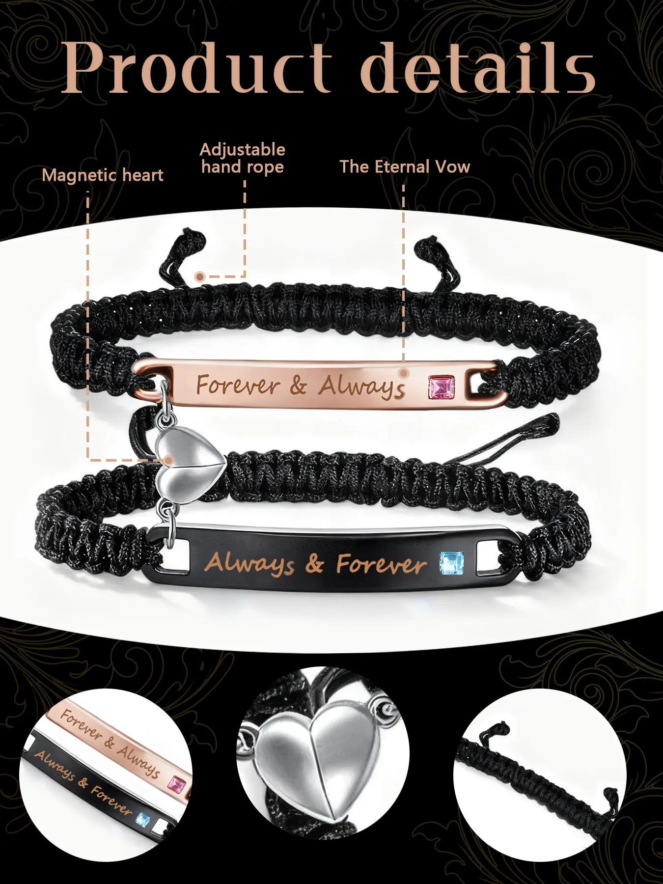 Couple Magnetic Heart Bracelet Set, Adjustable Forever & Always Engraved, Promise Bangle, Perfect Gift for Valentine's Day, Christmas, Anniversary, Romantic Bracelet Set