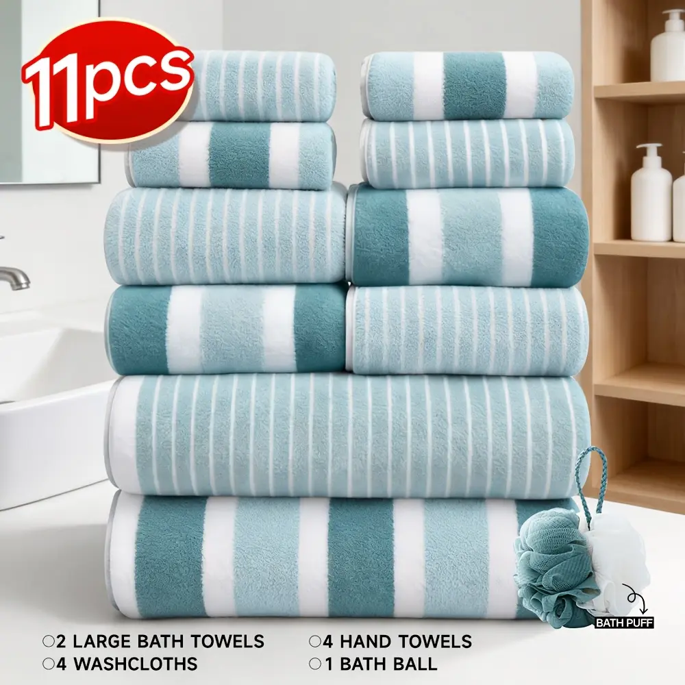 11pcs Set, No Hair Loss | Highly Absorbent | Quick-Drying, Ultra-Soft Two-color Striped Interval Bath Towel Combination, Including 2 Bath Towels, 4 Face Towels, 4 Hand Towels & 1 Bath Ball