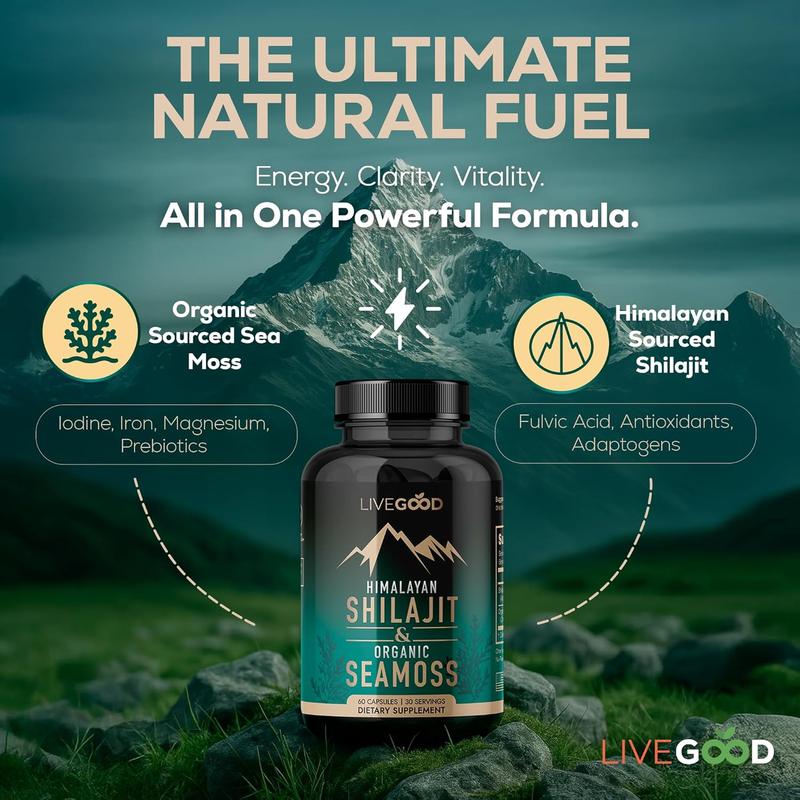 LIVEGOOD Himalayan Shilajit and Organic Sea Moss Capsules, Fulvic Acid Organic, Sea Moss and Shilajit Combo for Energy, Wellness and Vitality Support, Supports Focus and Mental Clarity (60 Count)