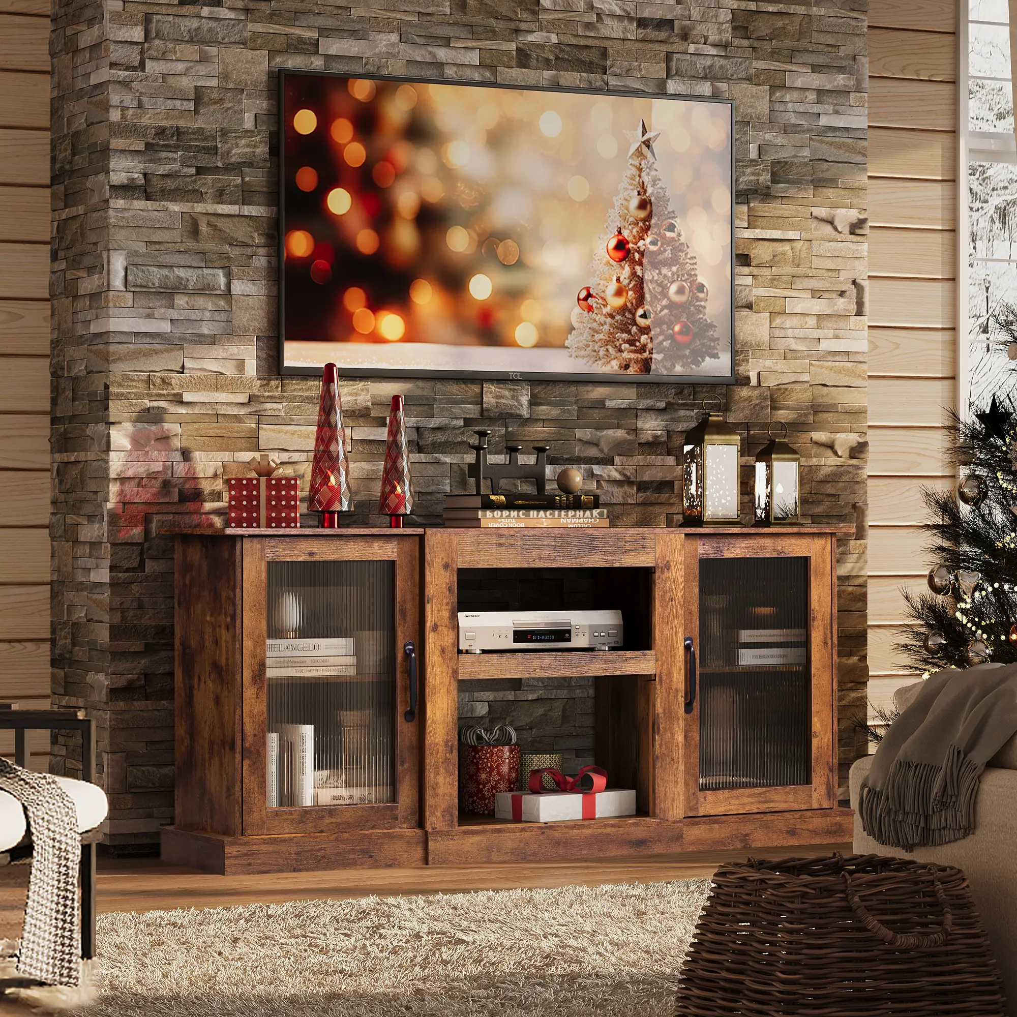 WLIVE Retro TV Stand for 65" TVs | Vintage Design Media Console / LED Lighting & 3-Tier Organizing Storage, 110lbs Capacity with Cable Management