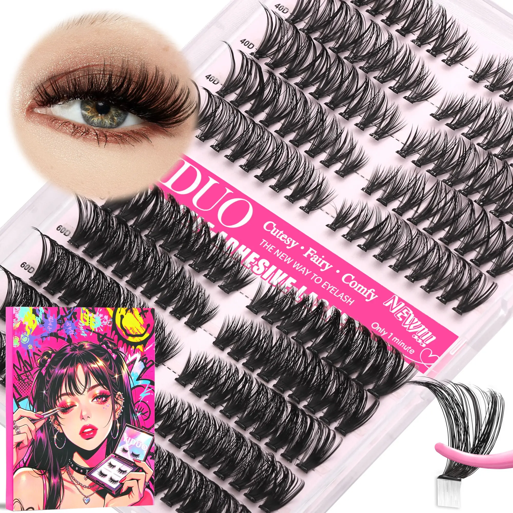 YIDUO Self‑Adhesive False Eyelashes | 40D/60D Press‑On Lash Extensions, Pre‑Glued DIY Individual Lashes, D Curvature 10–18mm, No Glue Needed, Easy Application, Gift Box