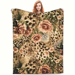 1pc Leopard Print & Floral Bedspread - Soft Cozy Flannel Bed Cover Suitable All-Season Use, Contemporary Neutral Bedspread Modern Bedrooms, Easy-Care Bed Covering, Birthday Mother's Day Size
