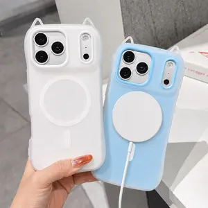 2-in-1 Cute 3D Cat Ear MagSafe Phone Case Compatible with iPhone 17 16 15 14 13 12 11 Pro Pro Max Plus Air, Pastel Matte Semi Transparent Frosted Shockproof Protective Silicone+PC Cover, Support Wireless Magnetic Charging