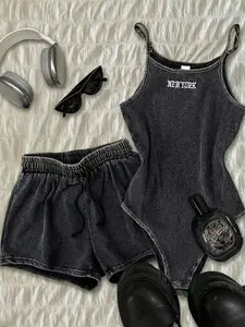 Teen Summer Retro Fashion New York Letter Embroidery Vest + Drawstring Loose Shorts Set, Adjustable Strap, Sleeveless Camisole