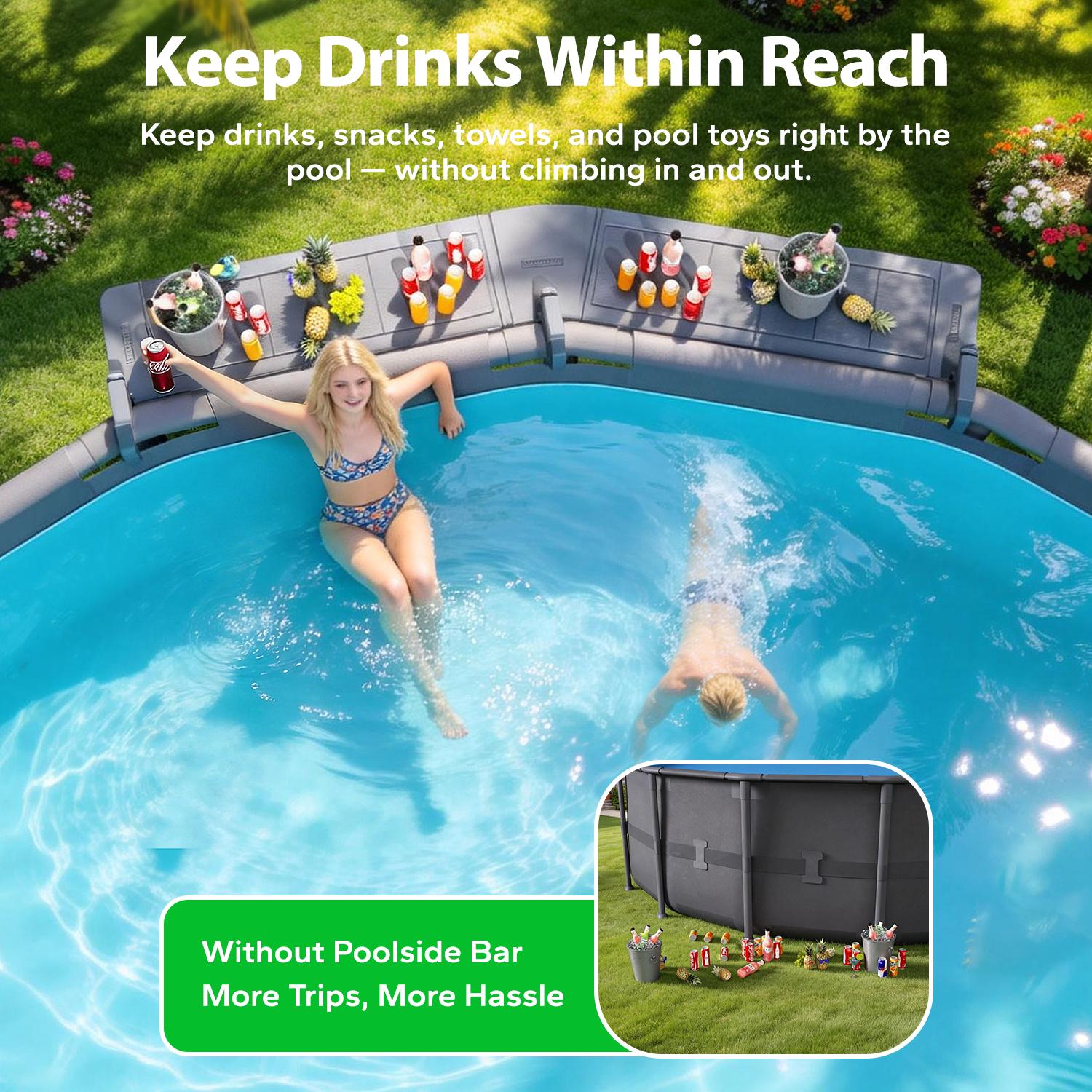 Poolside Bar, Swim Up Bar Exclusively for Above-Ground【Round & Oval 】 Pools. Patio Poolside Table Smart Fold Easy Maintenance, Weather Resistant Stable Tabletop