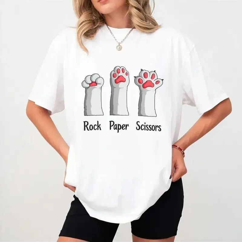 [OVER SIZE][BOLDR SHOP][100% Cotton] Men'S Vintage Street Rock Paper Scissors Cat Paw Print T-Shirt - 100% Cotton Loose Fit Round Neck Tee, All-Season Casual Wear & Holiday Gift For Men, Cat T Shirt, Playful Casualwear