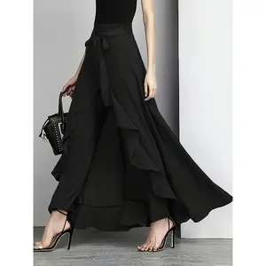 Plus Size High Waist Wide Leg Pants | Asymmetrical Tie Detail, Casual Style, Solid Color, Slight Stretch Fabric for Spring/Summer/Fall