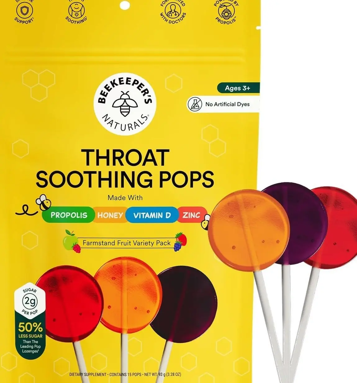 Kids Throat Soothing Lollipops by Beekeeper's Naturals - Doctor Formulated Immune Support, Vitamin D & Honey, Under 2g Sugar, Clean Ingredients,15 ct