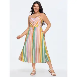BloomChic Plus Size Women's Casual Striped Midi Dress, Sleeveless Rayon Cami with Pockets, Pull-On Summer Style