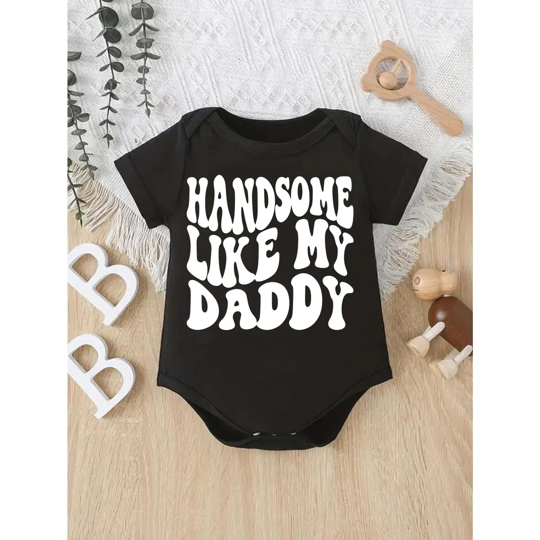 Cute Baby Boy Bodysuit, 'Handsome Like My Daddy' Printed Text, Soft 96% Cotton & Elastane Blend, Short Sleeve with Snap Buttons for Infants 0-12M, 0-3M, 3-6M