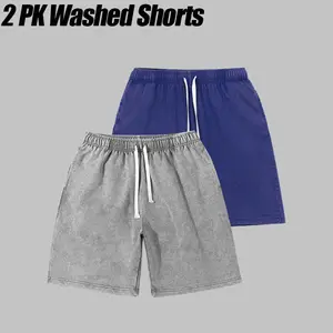 2-Pack Unisex Acid Washed Sweat Shorts 240G Cotton Athletic Elastic Waist Drawstring Gym Workout Jogger Pants with Pockets Premium Comfort Softness Functional Adjustable Design