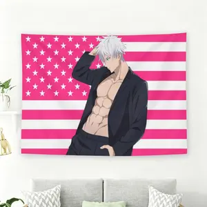 Jujutsu Kaisen Satoru Gojo Pink American Flag Wall Flag, Anime Muscle Aesthetic Tapestry, Grunge Room Decor