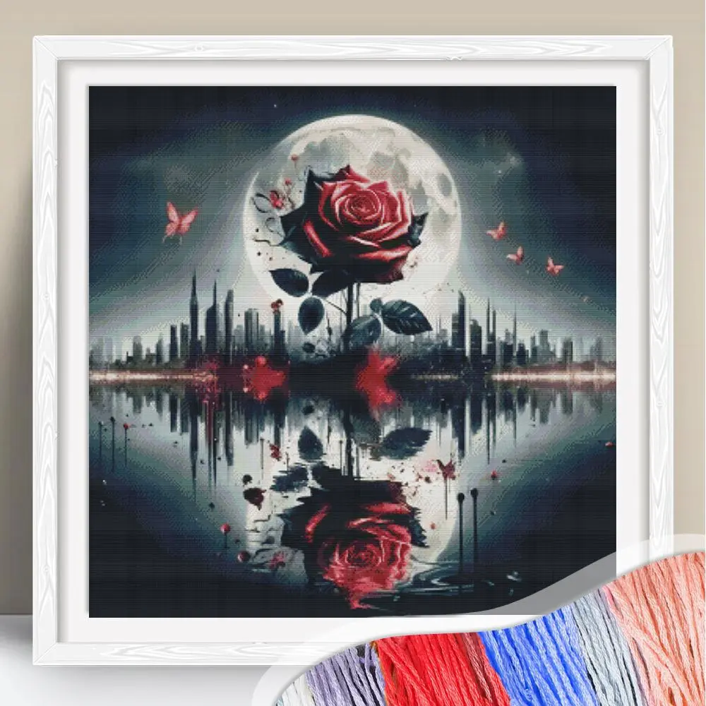 Rose & Moon Pattern Cross Stitch Kit, Embroidery Kit, Embroidery Kit for Beginners, Embroidery Craft, Geometric Embroidery Design, 11CT Cross Stitch Printed Canvas, DIY Cross Stitch Kit for Beginner, Handmade Gift