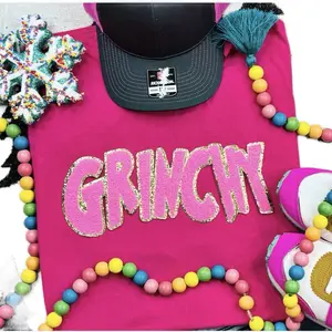 Pink Grinchy Chenille With Gold Glitter Outline Patch Christmas Sweater