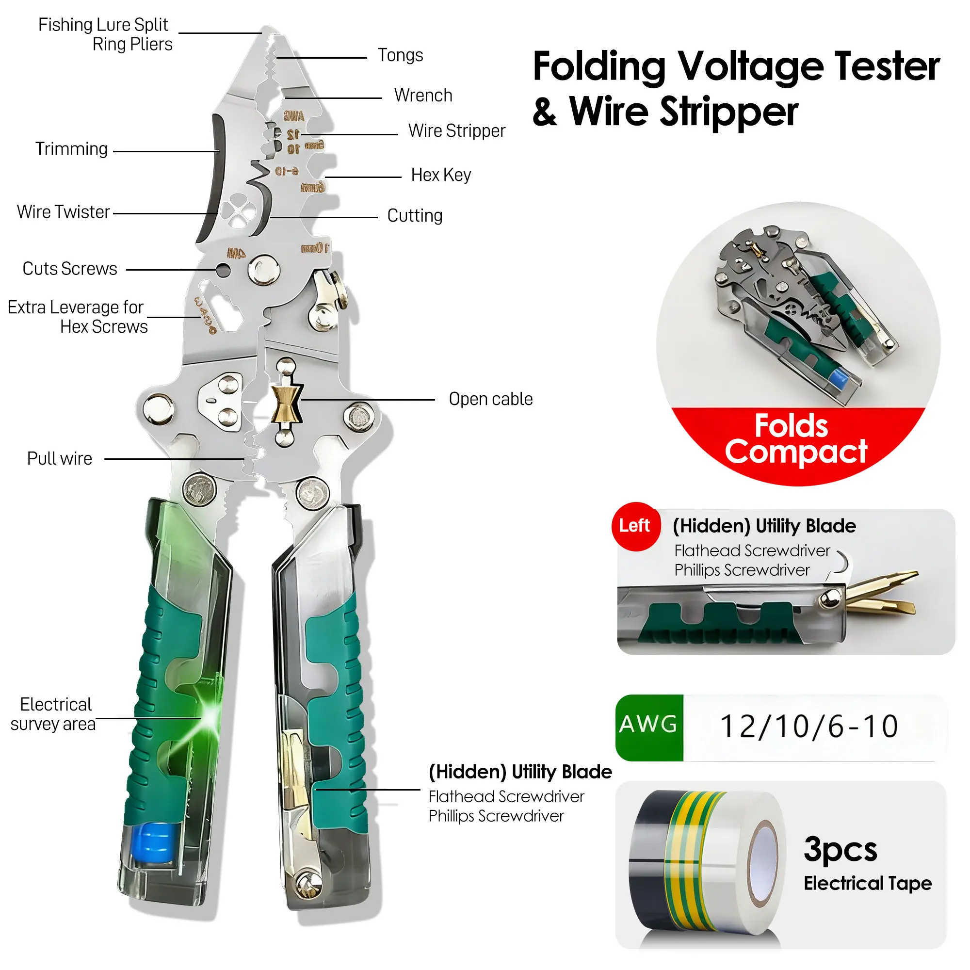 ​​16 in 1 Professional Multi - Function Pliers with Flathead & Phillips Screwdrivers, Bolt Cutter, Voltage Tester, Wire Stripper, Crimper, Hex Key Wrench, Insulated Grip, Cable Cutter, Wire Spooler, Puncture Knife, Precision Wire Cutter, Hex Socket outdoo