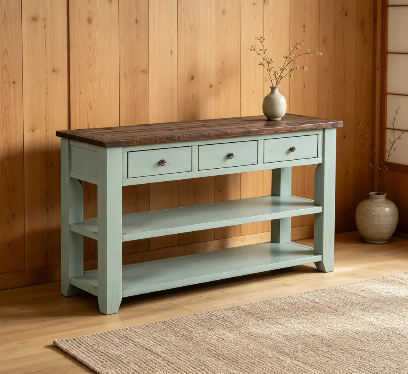 60" Burl Veneer Wooden Entryway Console Table - Sturdy Stand-Alone Living Room Furniture with 2 Large Drawers, Metal Handles, 2 Legs, Lacquer Finish, Natural Grain, Room Divider Functionality, Modern Simple Living Room Furniture
