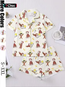 Women's Monkey Banana Print Sleepwear Set, Comfortable Short Sleeve Button Shirt & Loose Elastic Shorts, Fashion Casual Home Wear, Pajama Set